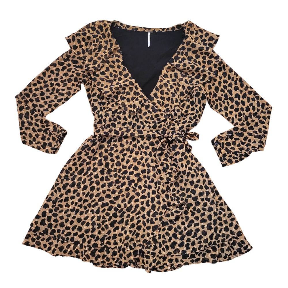 Free People S Frenchie Mini Wrap Dress Leopard Print Ruffle Georgette Coquette